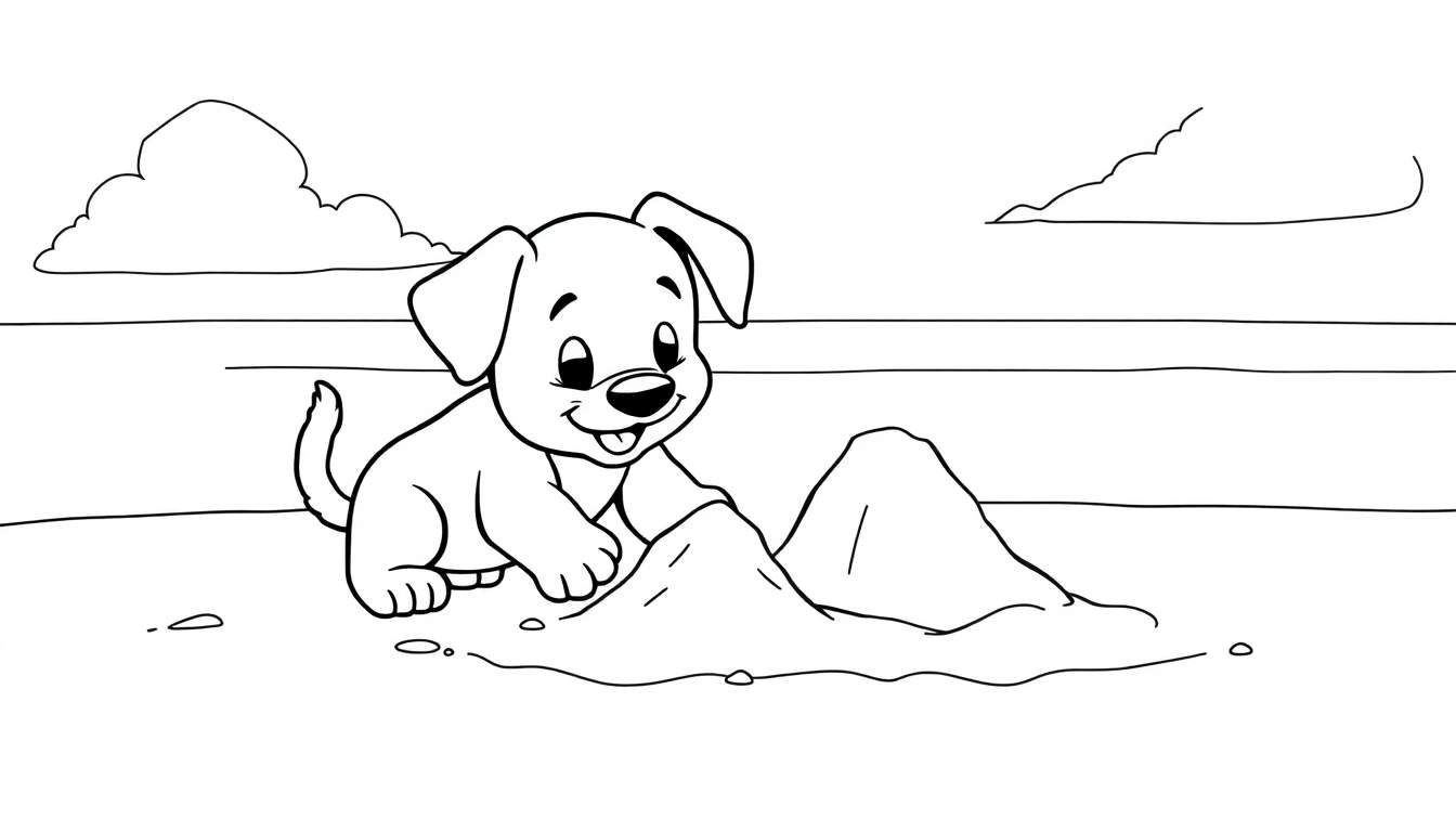 Un cachorro feliz jugando en la arena de la playa, construyendo un castillo de arena.