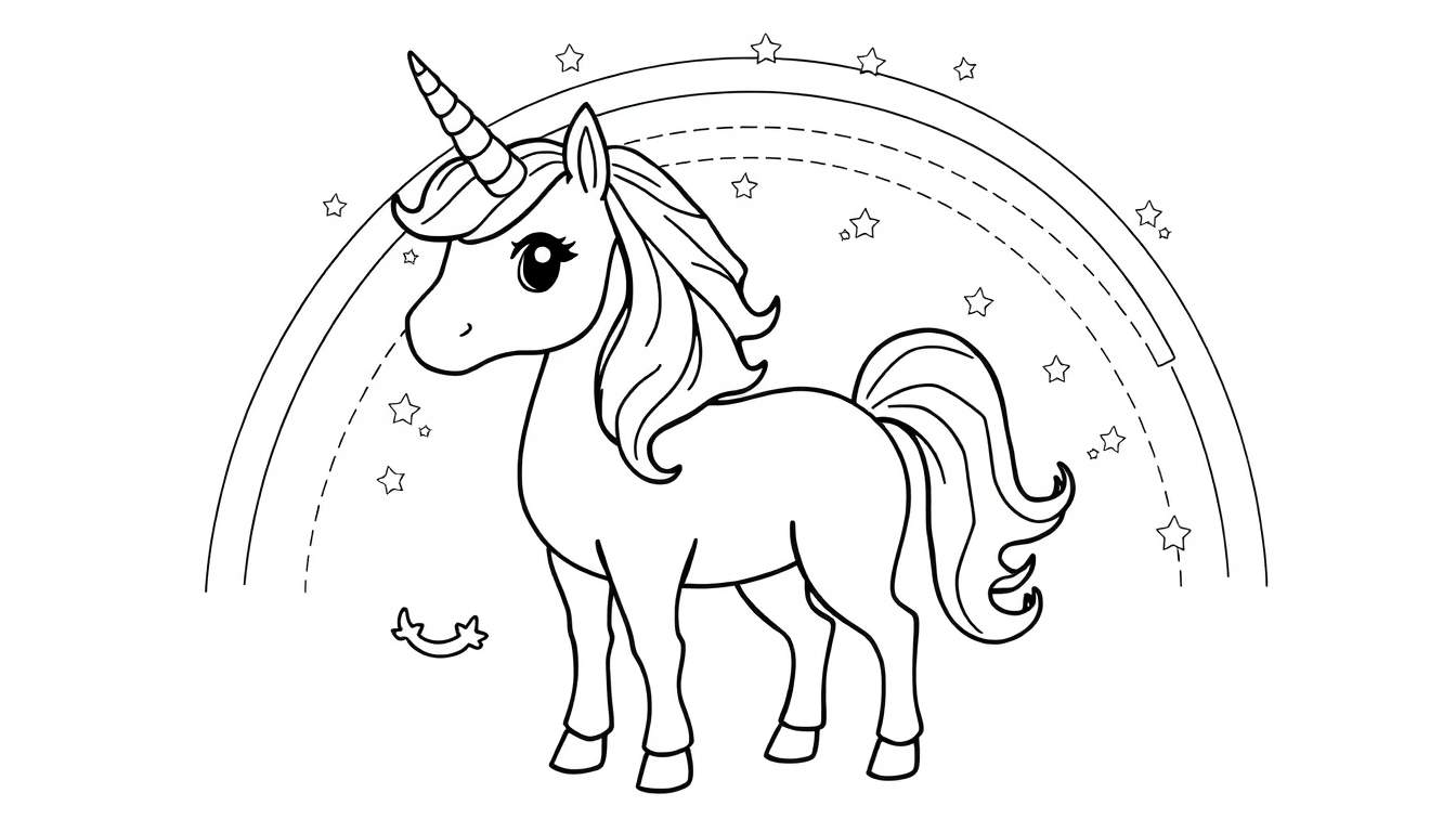 Unicornio con arcoíris y estrellas para colorear.