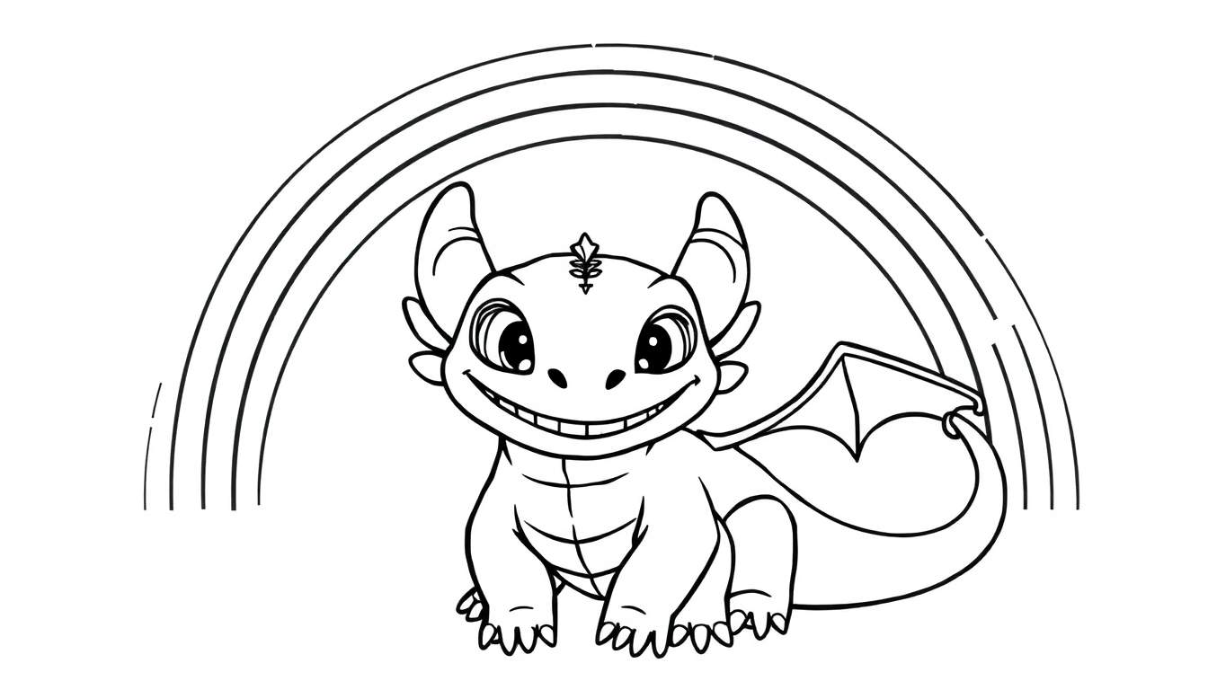 Un dragón amigable de dibujos animados sentado frente a un arcoíris, listo para ser coloreado.