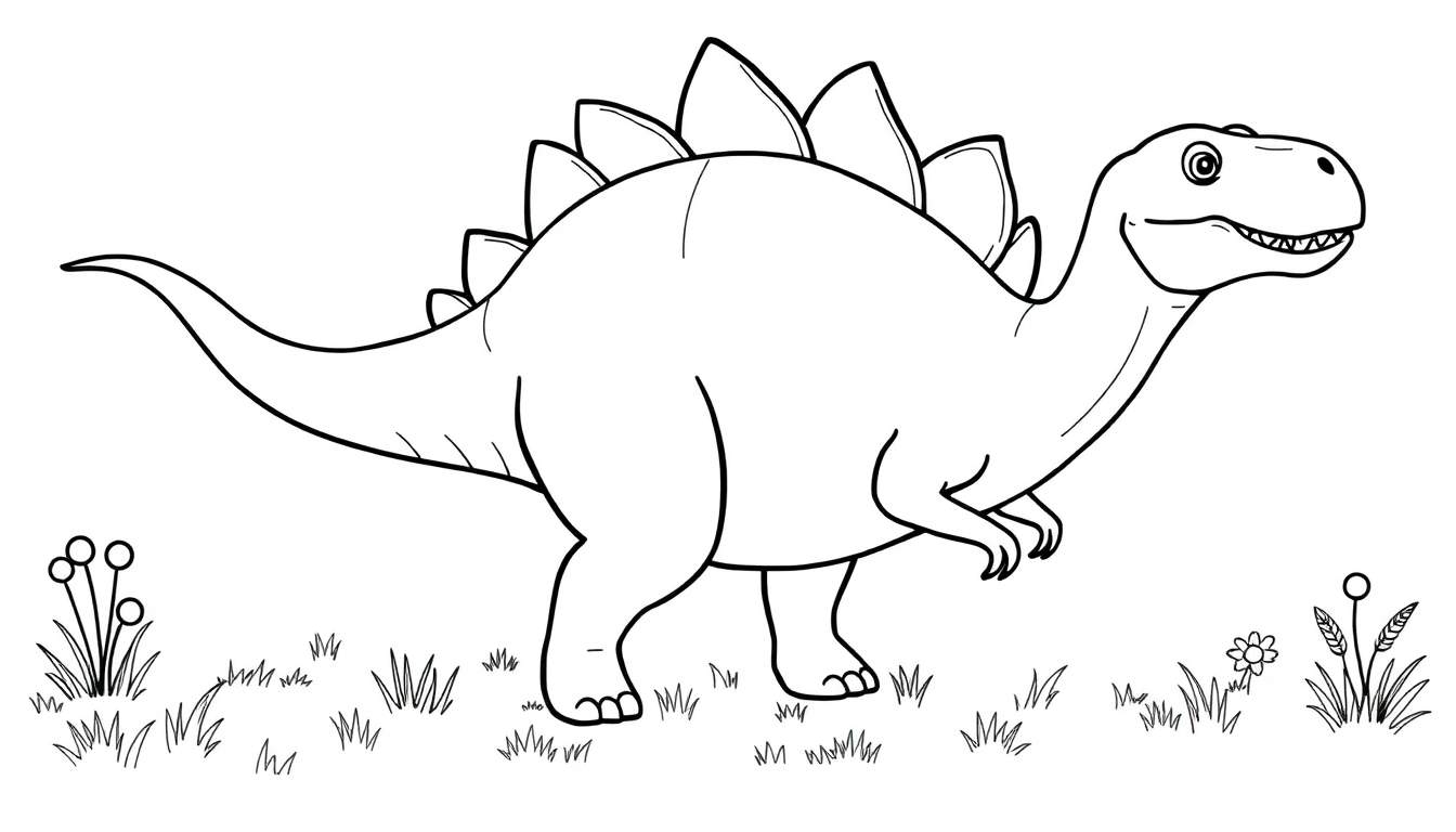 Un dibujo lineal de un estegosaurio sonriente en un prado con plantas.