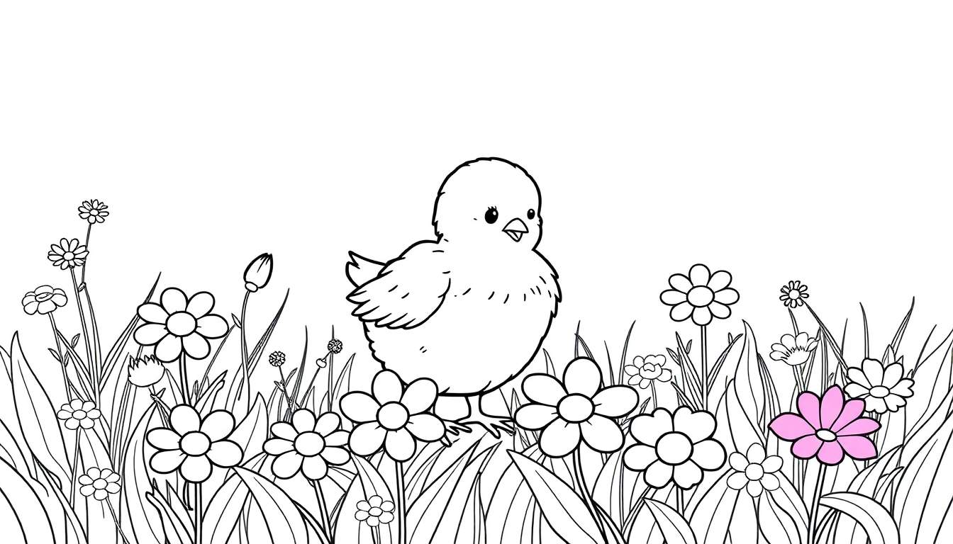 Un pollito amarillo dibujado en blanco y negro, picoteando una flor rosa brillante en un campo lleno de flores y hierba en blanco y negro.
