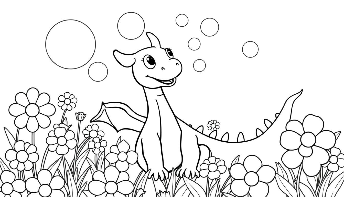 Dragón de dibujos animados sonriente soplando círculos en un campo de flores.