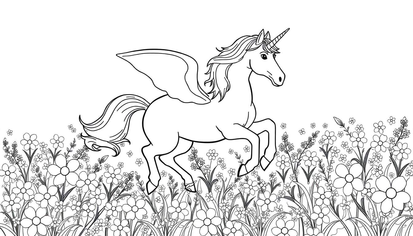 Un unicornio con alas corriendo en un campo de flores para colorear