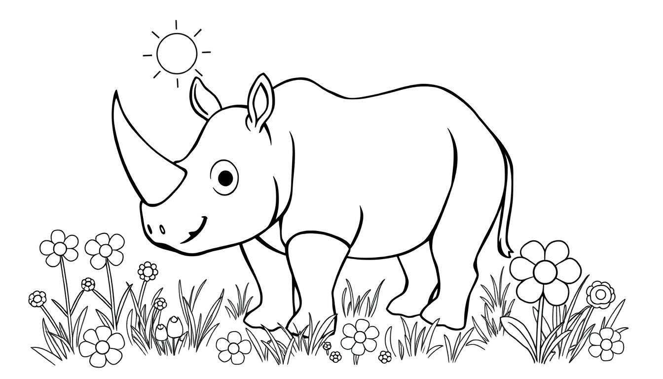 Ilustración lineal de un rinoceronte amistoso rodeado de flores bajo un sol radiante, ideal para colorear.