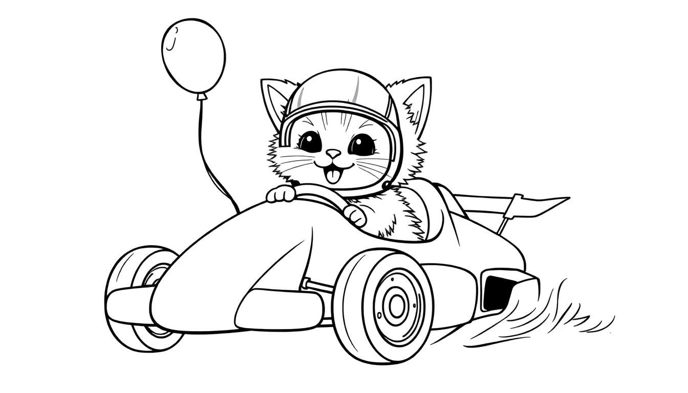 Placa de color: Gato con casco conduciendo coche de carreras con globo.