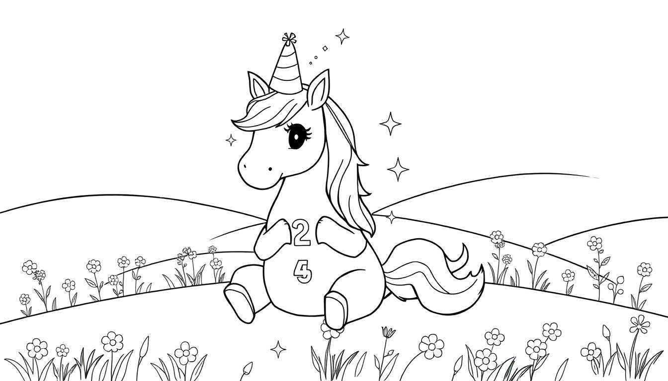 Unicornio de dibujos animados con gorro de fiesta sentado entre flores, con el número 24 en su cuerpo y estrellas brillantes.