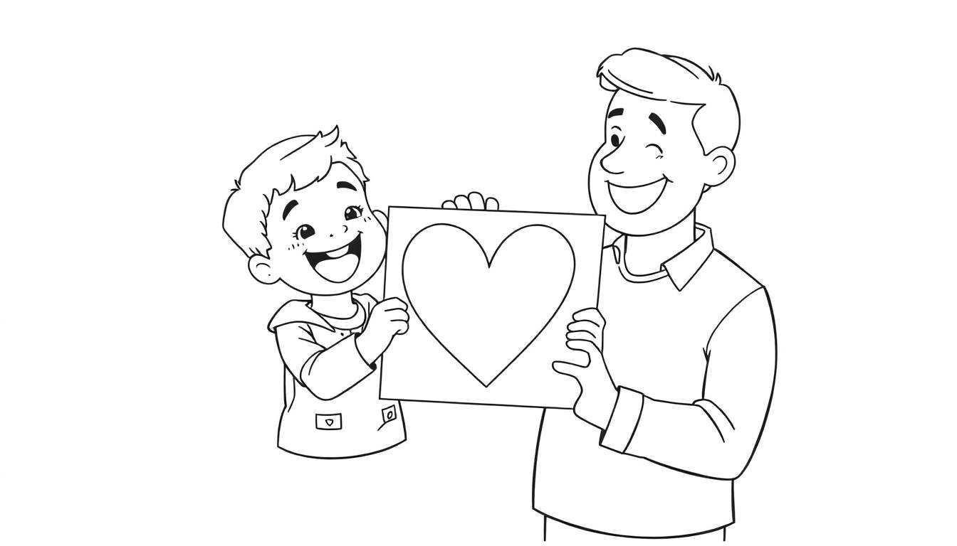Niño dando un dibujo de corazón a su papá sonriente y guiñando un ojo.