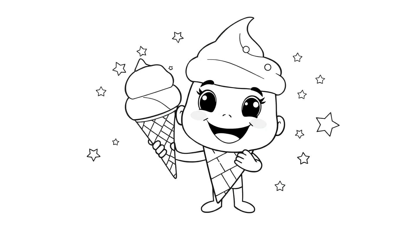 Personaje de Toca Boca con forma de helado sonriente, rodeado de estrellas y confeti.