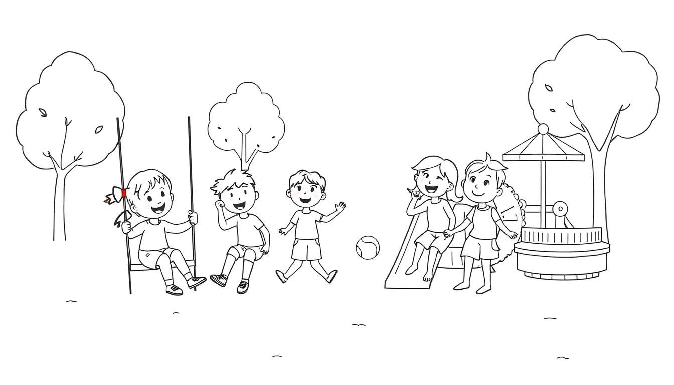 Niños jugando en un parque con columpios, toboganes y tiovivos.