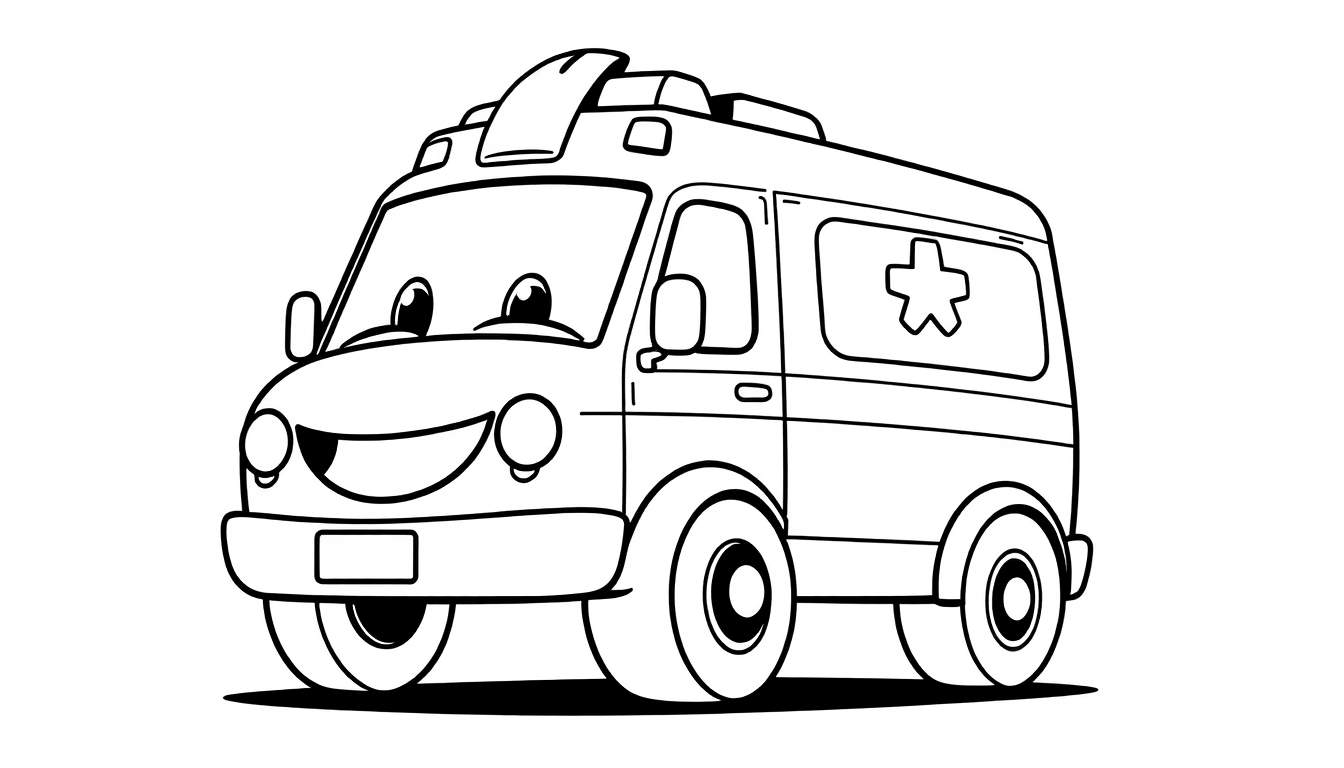 Una caricatura de una ambulancia amigable con una cara sonriente y ruedas felices.