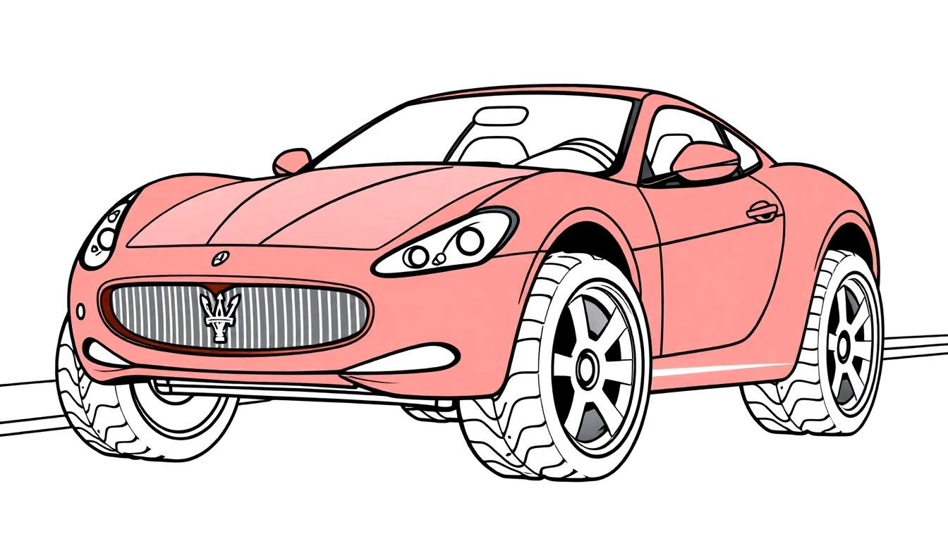 Un dibujo lineal de un coche deportivo rosa con ruedas grandes.