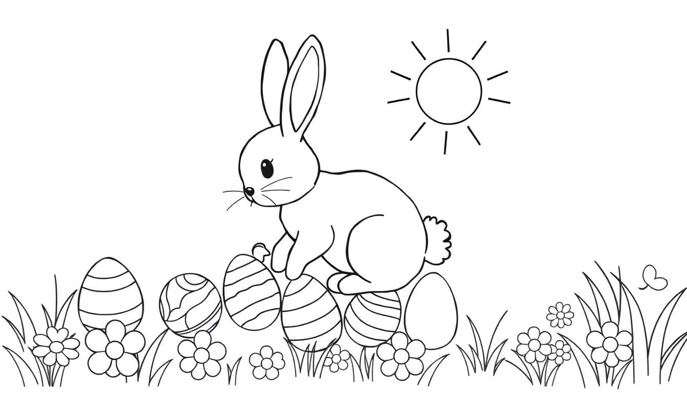 Ilustración en blanco y negro de un conejo de Pascua sentado en huevos decorados en un jardín.