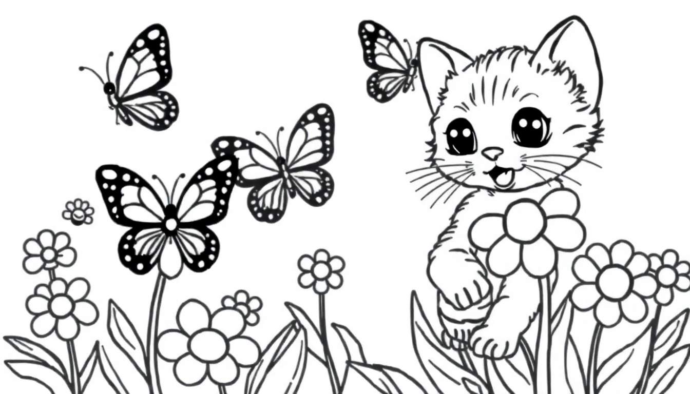 Placa de color de un gatito persiguiendo mariposas entre flores.