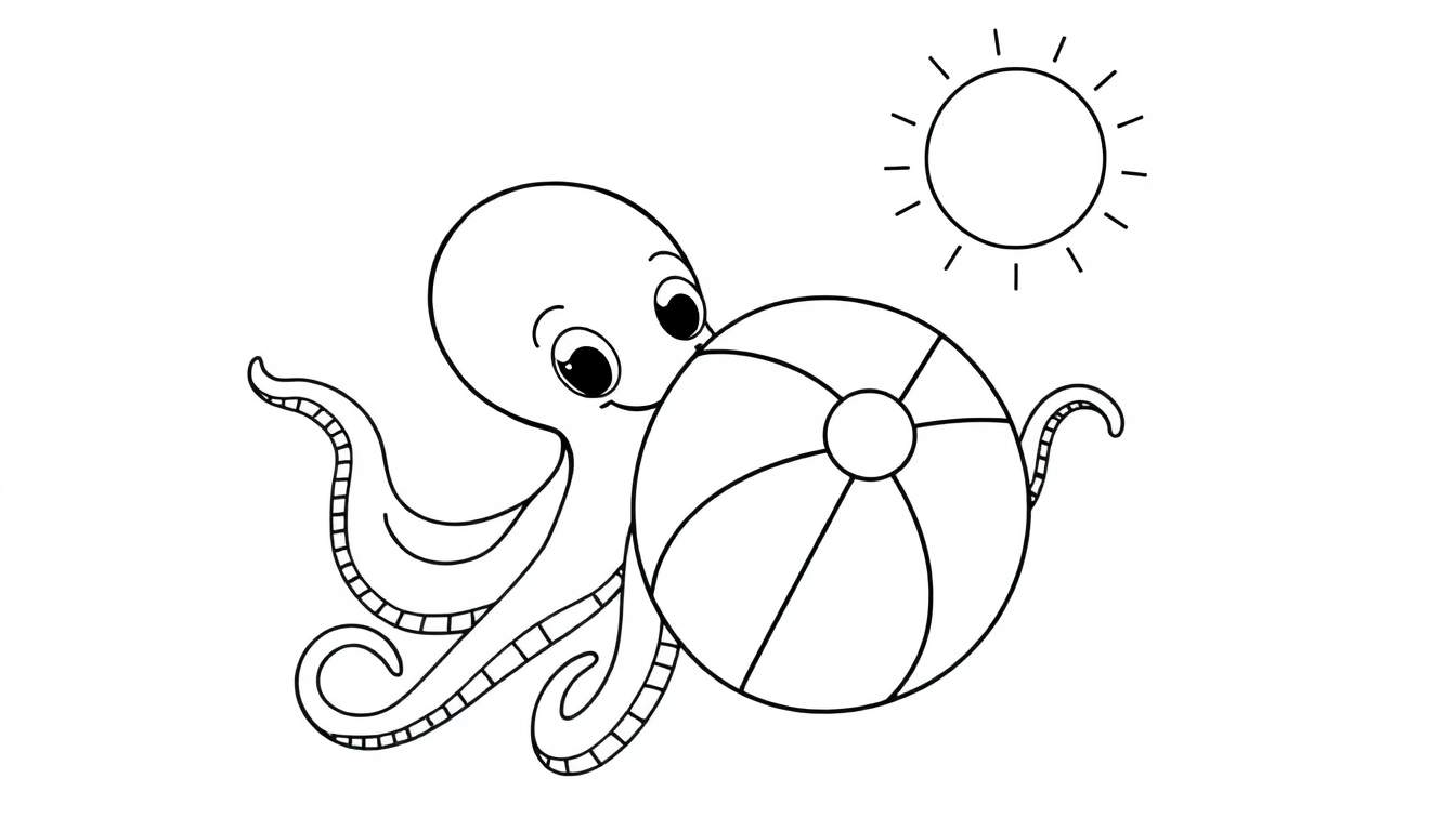 Un pulpo sonriente con una placa de color de pelota de playa bajo un sol brillante.