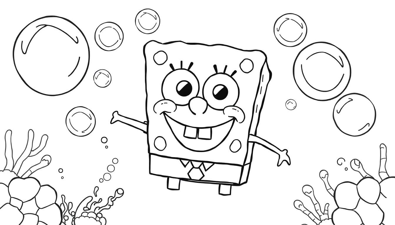 Placa de color de Bob Esponja sonriendo rodeado de burbujas.