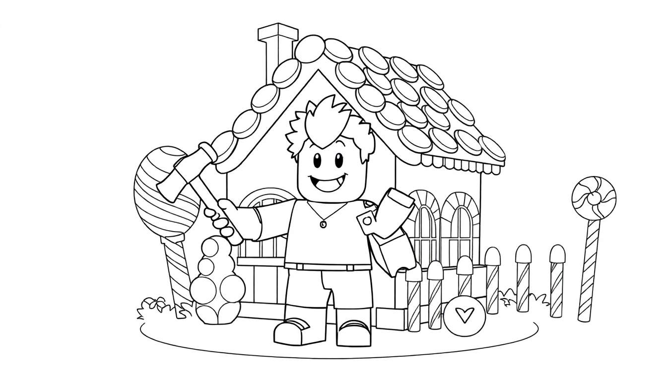 Un personaje de Roblox sonriendo con un martillo y un ladrillo frente a una casa de jengibre decorada en una placa de color.