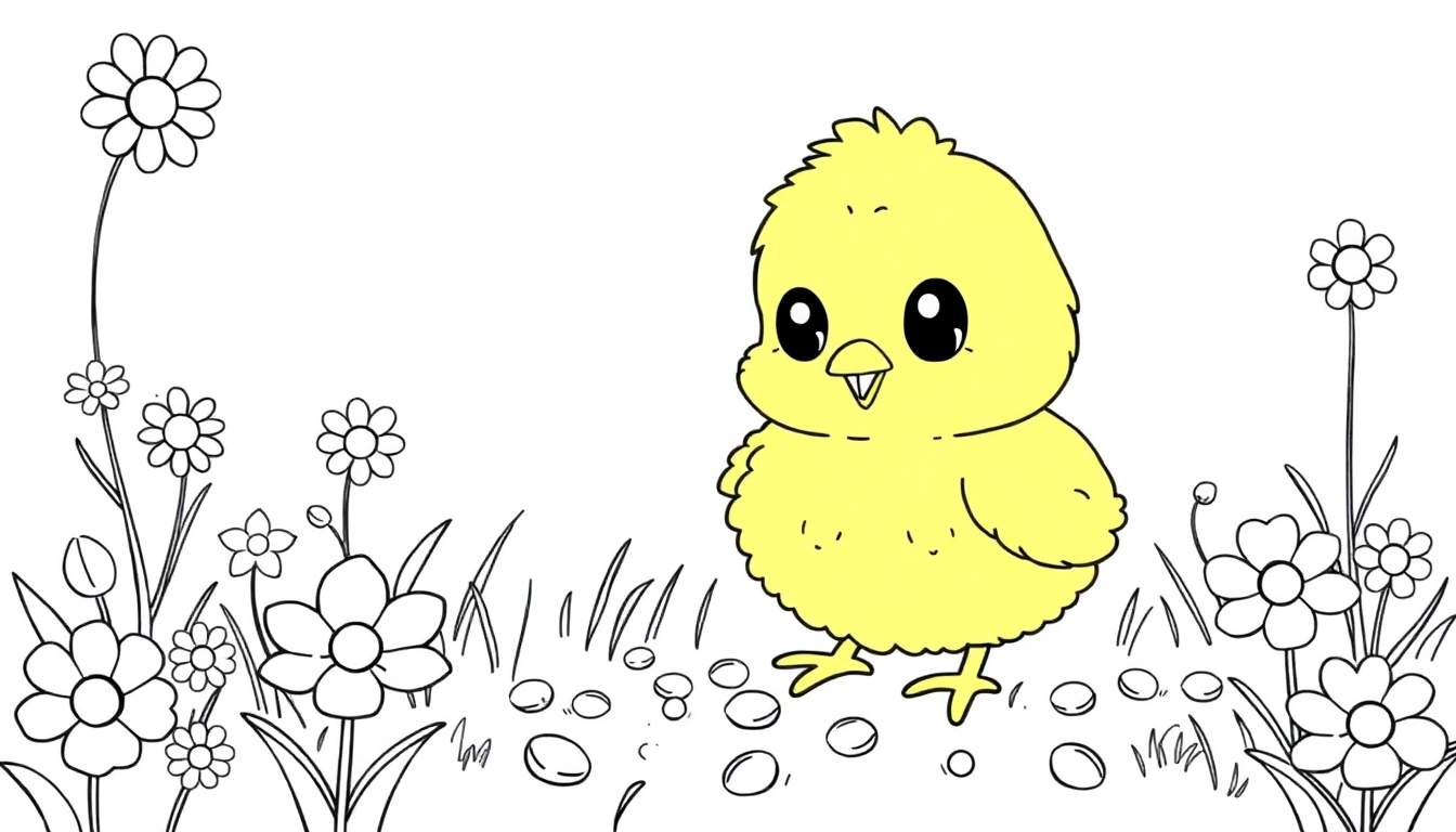 Placa de color de un pollito amarillo con ojos grandes picoteando semillas entre flores de colores.