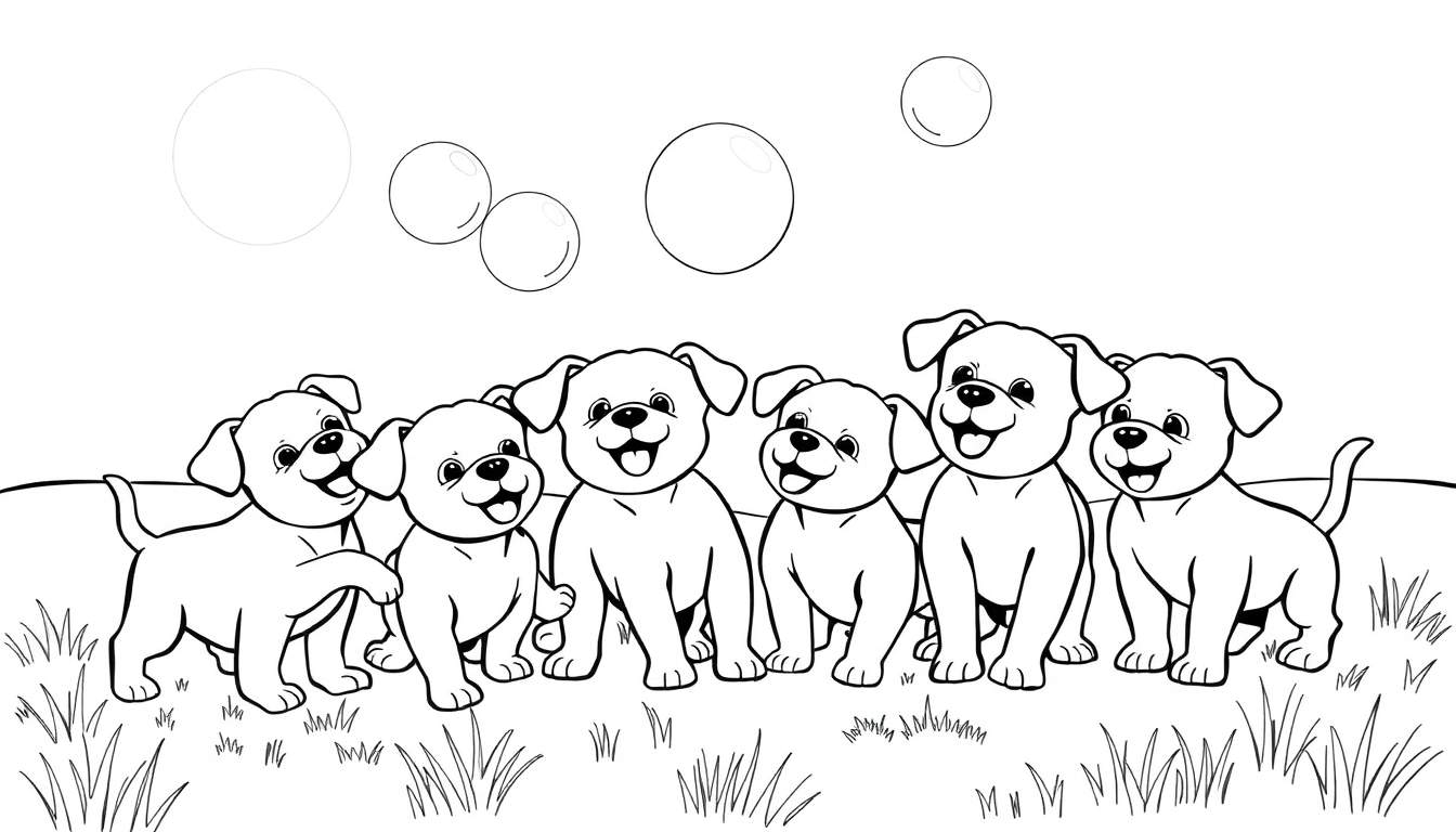 Placa de color: Siete cachorros juguetones rodeados de burbujas.