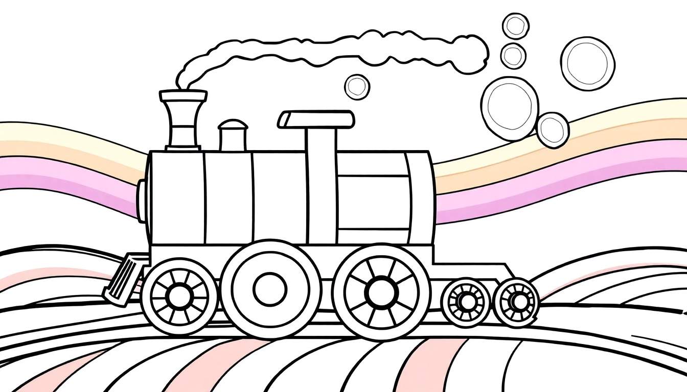 Placa de color de un tren de dibujos animados amigable lanzando burbujas.