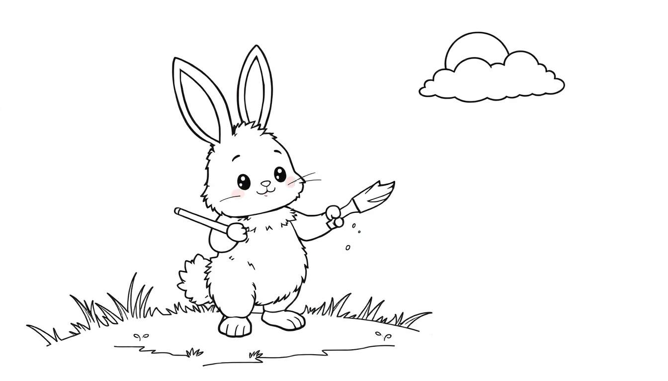 Un conejito de dibujos animados con orejas largas y ojos brillantes, sosteniendo un pincel y una varita en un parche de hierba, con un sol y una nube en la esquina superior derecha, listo para colorear en esta placa de color.