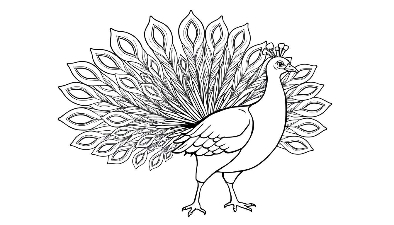 Placa de color de un pavo real feliz con sus plumas desplegadas para colorear.