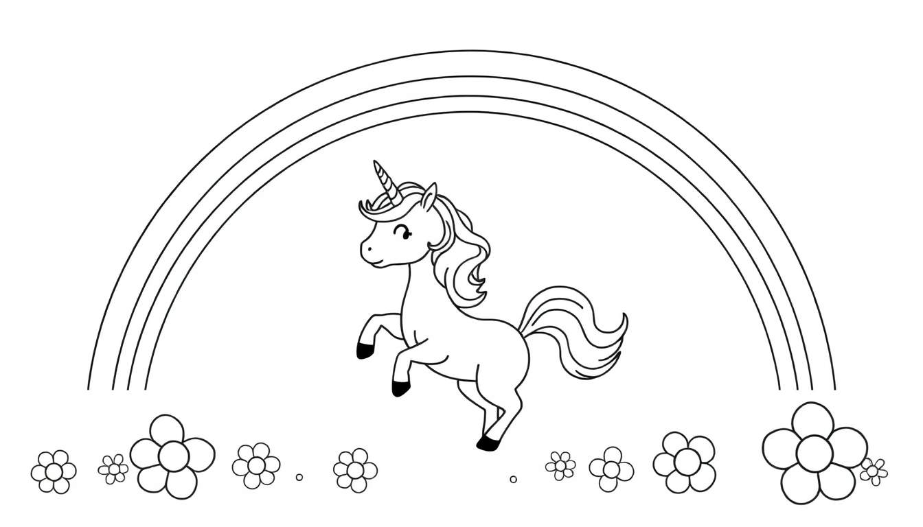 Unicornio juguetón bajo un arcoíris con flores, una placa de color vibrante.