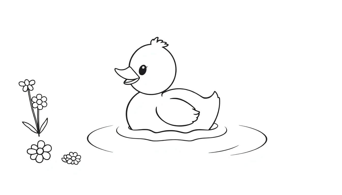 Un pato caricaturesco en blanco y negro flotando en el agua con flores, una placa de color