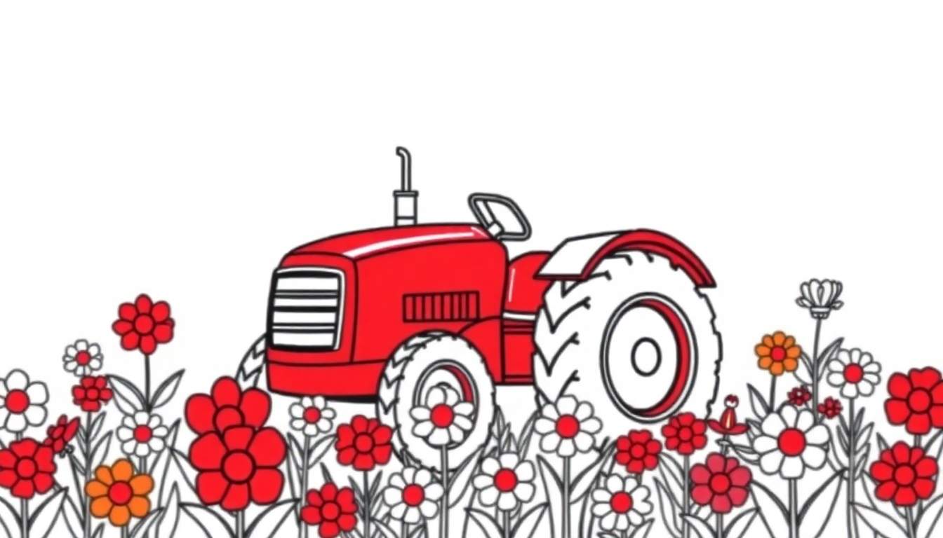 Un tractor rojo amigable listo para colorear sobre una placa de color blanco, con flores rojas, blancas y naranjas.