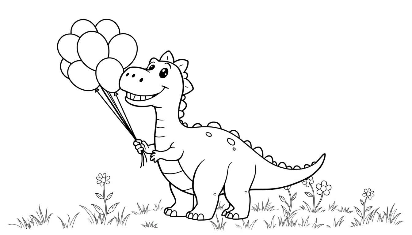Un dinosaurio sonriente con una placa de color de globos en un campo de hierba.