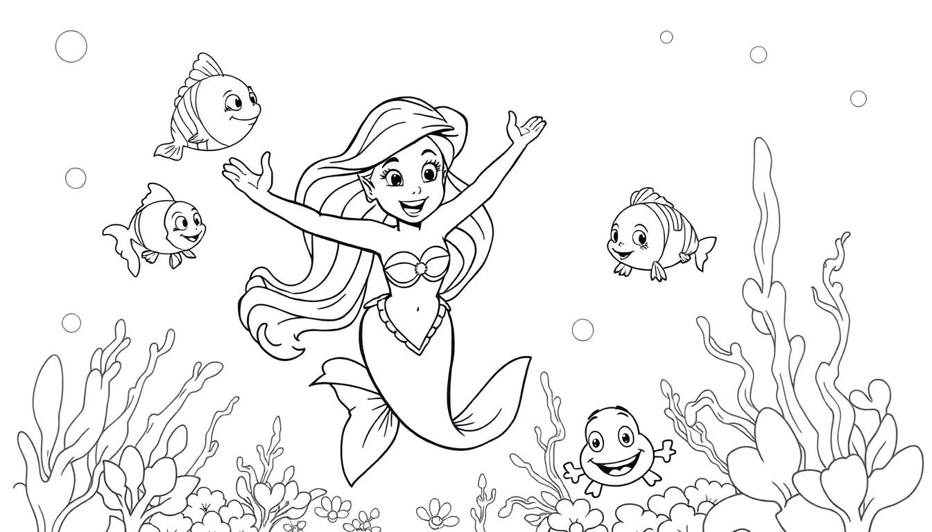 Una sirena sonriente con pelo largo y cola de pez, rodeada de peces felices y burbujas, sobre un fondo de vegetación submarina, listo para ser coloreado. Esta es una placa para colorear.