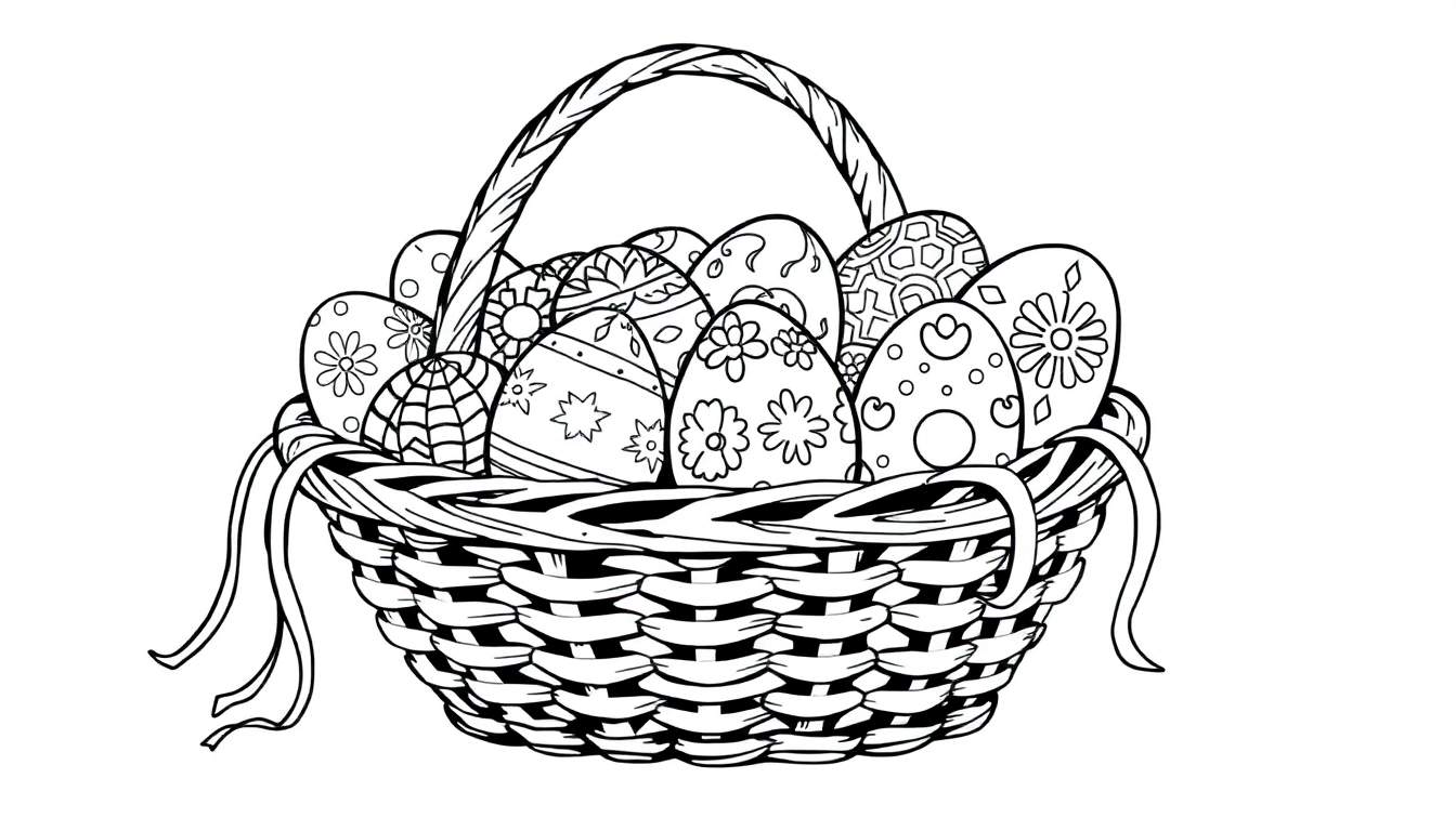 Placa de color de una cesta de Pascua detallada con huevos decorados.