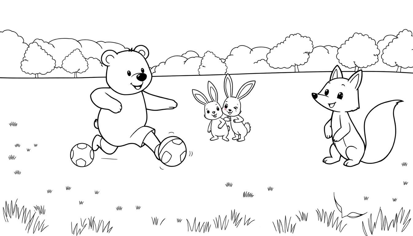 Un oso jugando al fútbol con dos balones, dos conejitos abrazados y un zorro mirando, todo en un dibujo infantil para colorear con la palabra 'placa de color' en la escena.