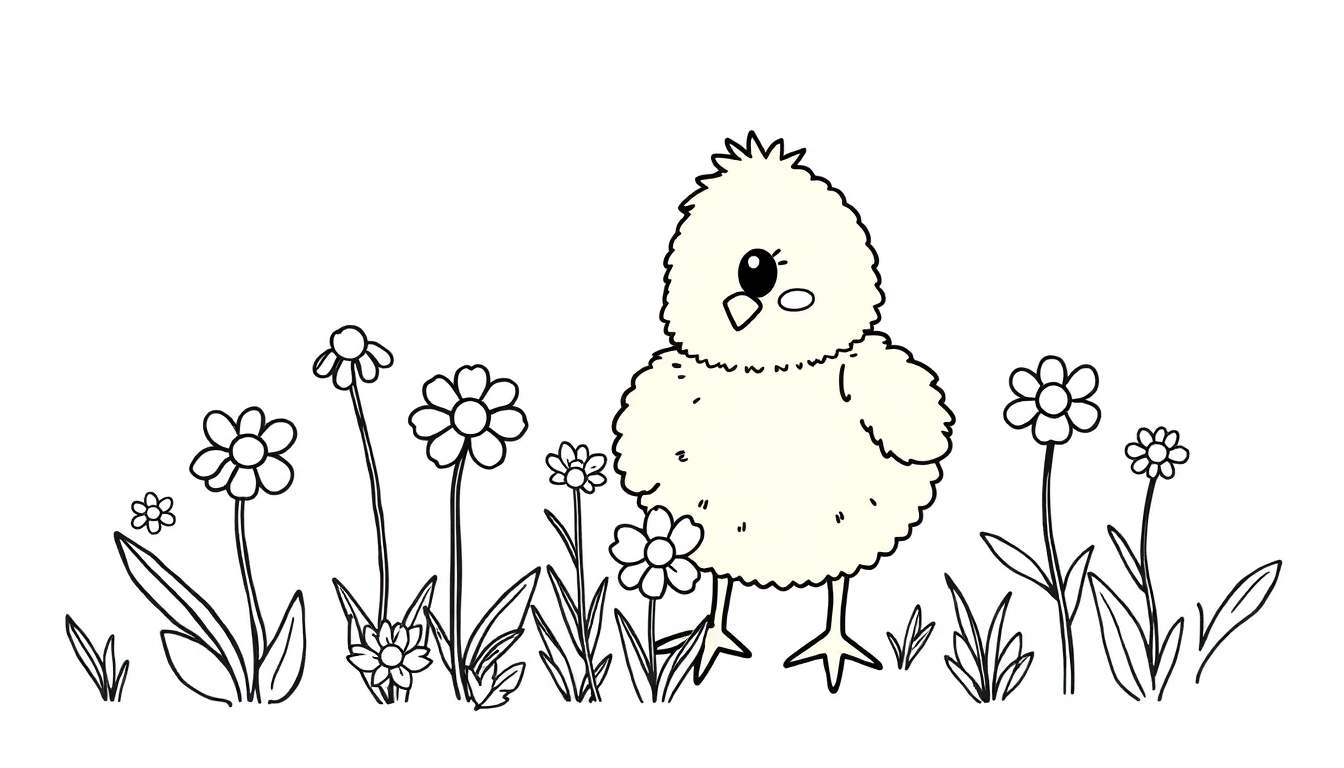 Un pollito amarillo esponjoso en una placa de color con flores.