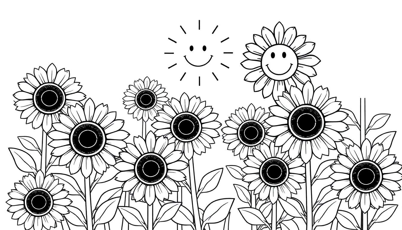 Un campo de girasoles sonrientes y un sol sonriente, listos para ser coloreados en una placa de color.