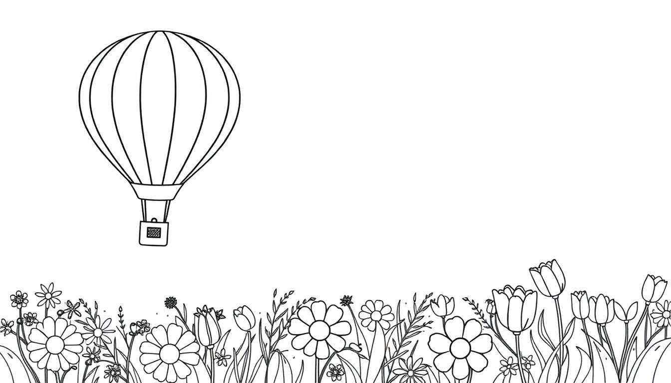 Una placa de color con un globo aerostático sobrevolando flores.