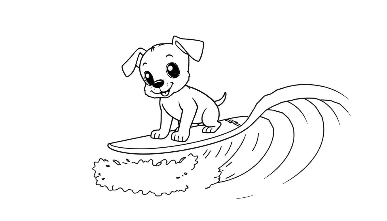 Un cachorro surfista feliz en una placa de color sobre una ola.