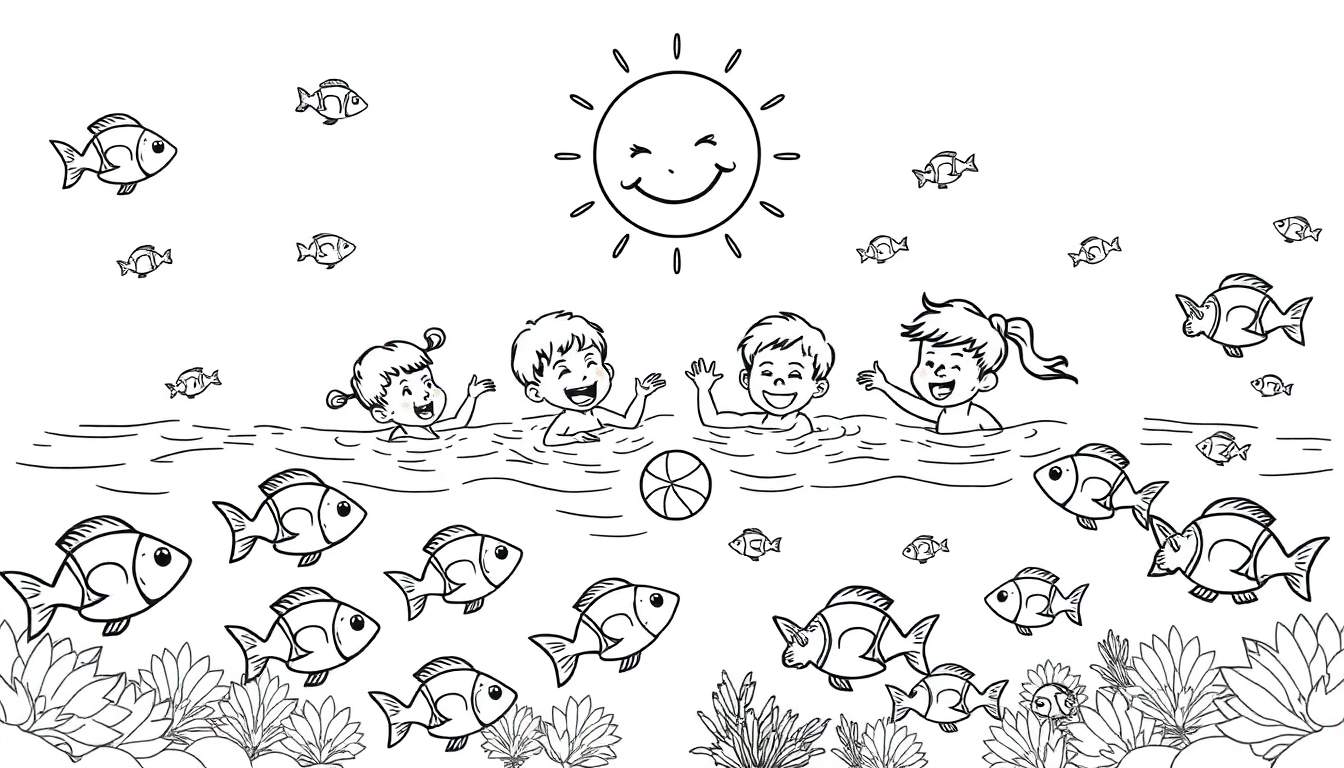 Ilustración para colorear de niños nadando felices en el agua con un sol sonriente y peces alrededor. Placa de color.