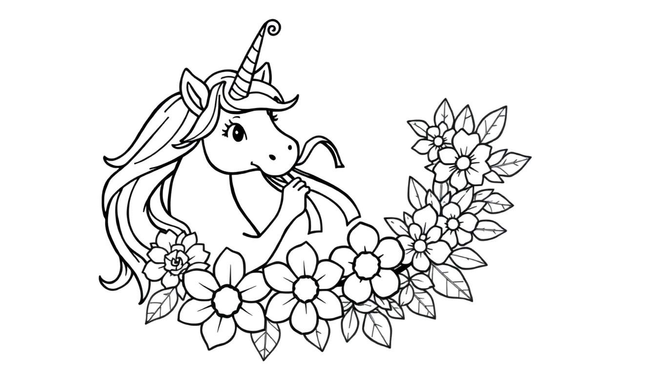 Placa de color de un unicornio mordisqueando una cinta rodeado de flores.