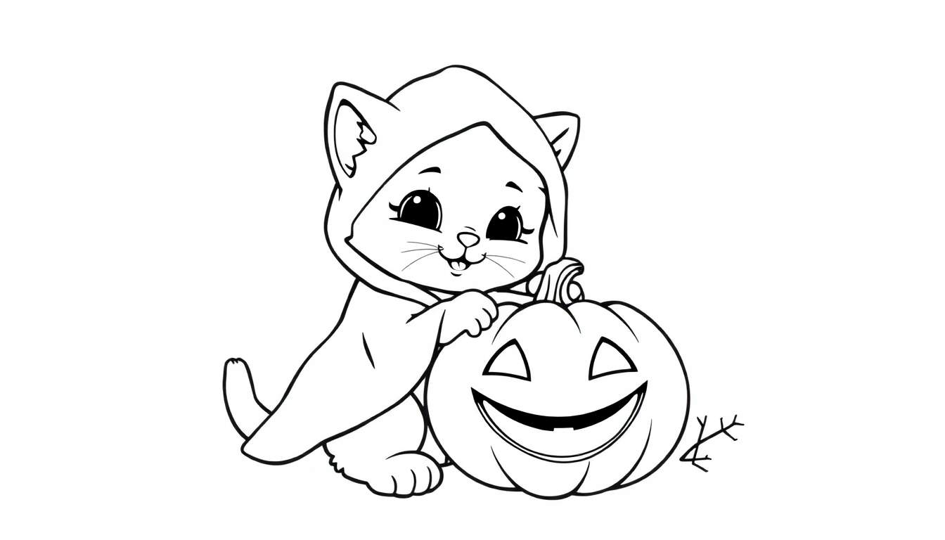 Placa de color de un gatito lindo disfrazado de fantasma junto a una calabaza sonriente.