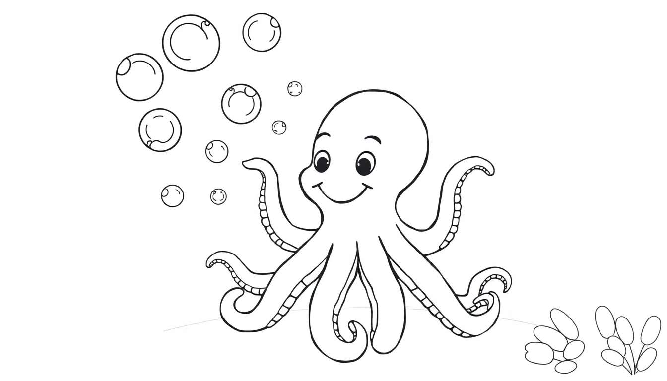 Pulpo de dibujos animados amigable con una placa de color sonriendo mientras nada en el océano con burbujas.