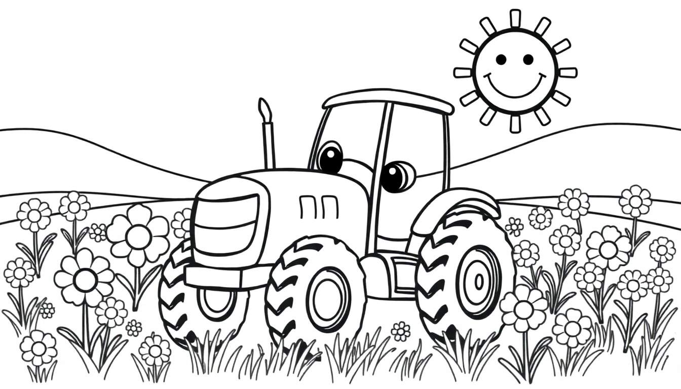 Placa de color de un tractor de dibujos animados sonriente en un campo con flores y un sol brillante.