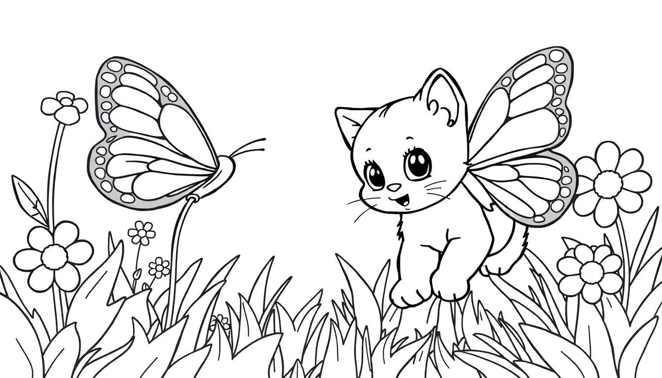 Placa de color de un gatito con alas de mariposa mirando a una mariposa grande en un jardín.