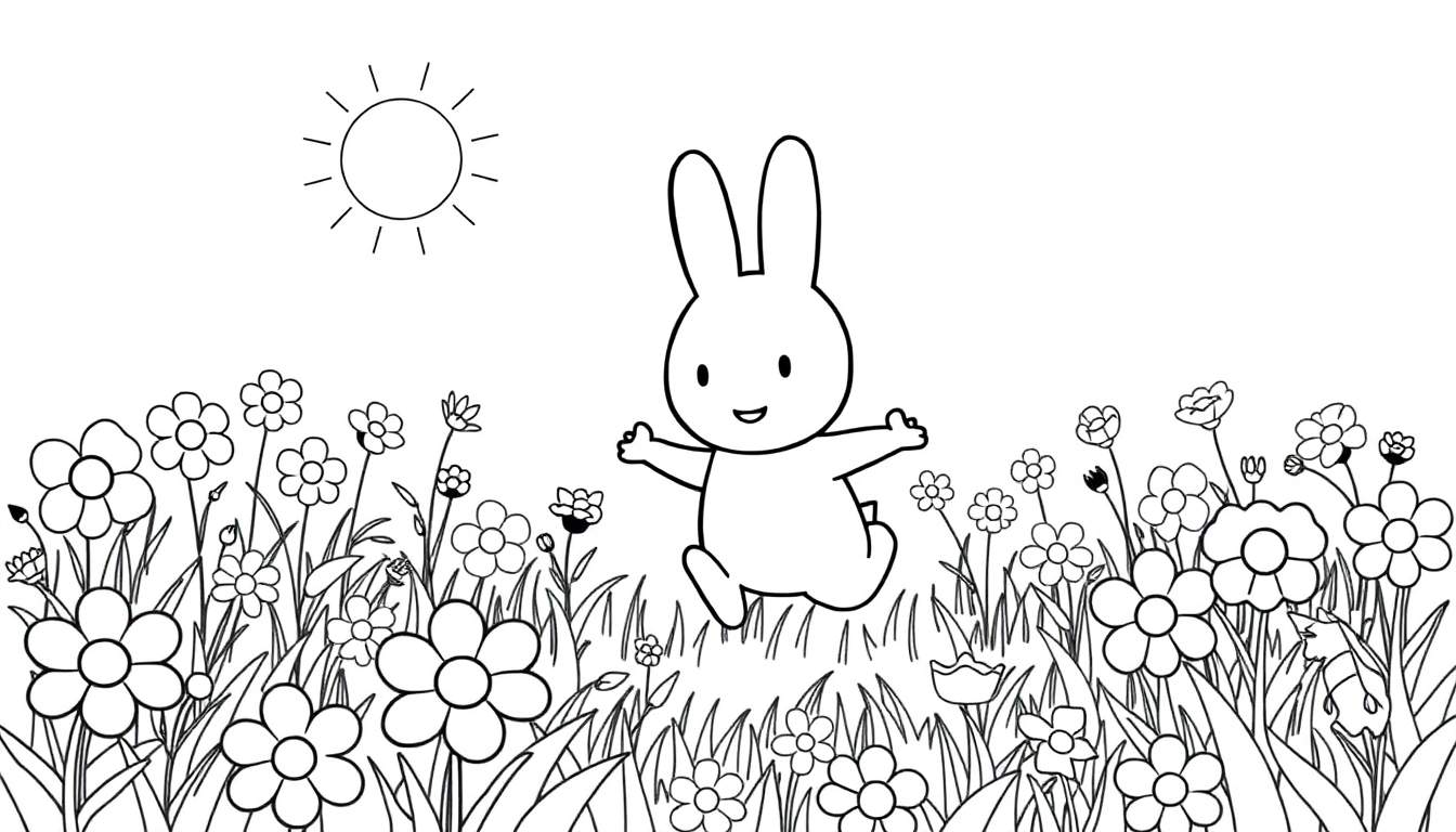 Una placa de color de un conejo llamado Miffy saltando en un campo de flores bajo el sol.