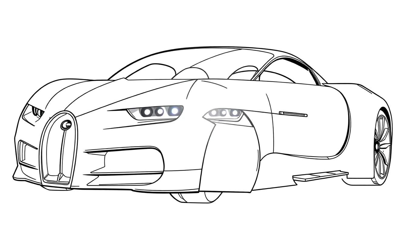 Dibujo lineal de un coche deportivo Bugatti para colorear, con una placa de color lista para decorar.
