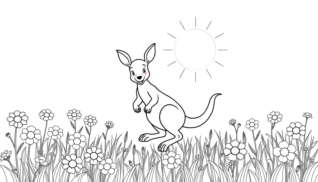 Un canguro bebé saltando feliz en un campo de flores bajo el sol, como en una placa de color.