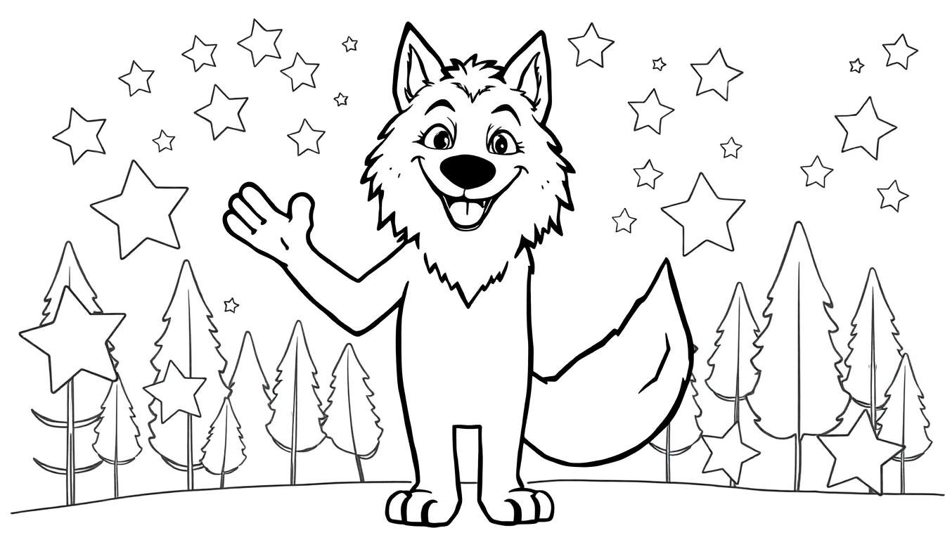 Un lobo amigable, parte de una placa de color, saluda desde un bosque estrellado.