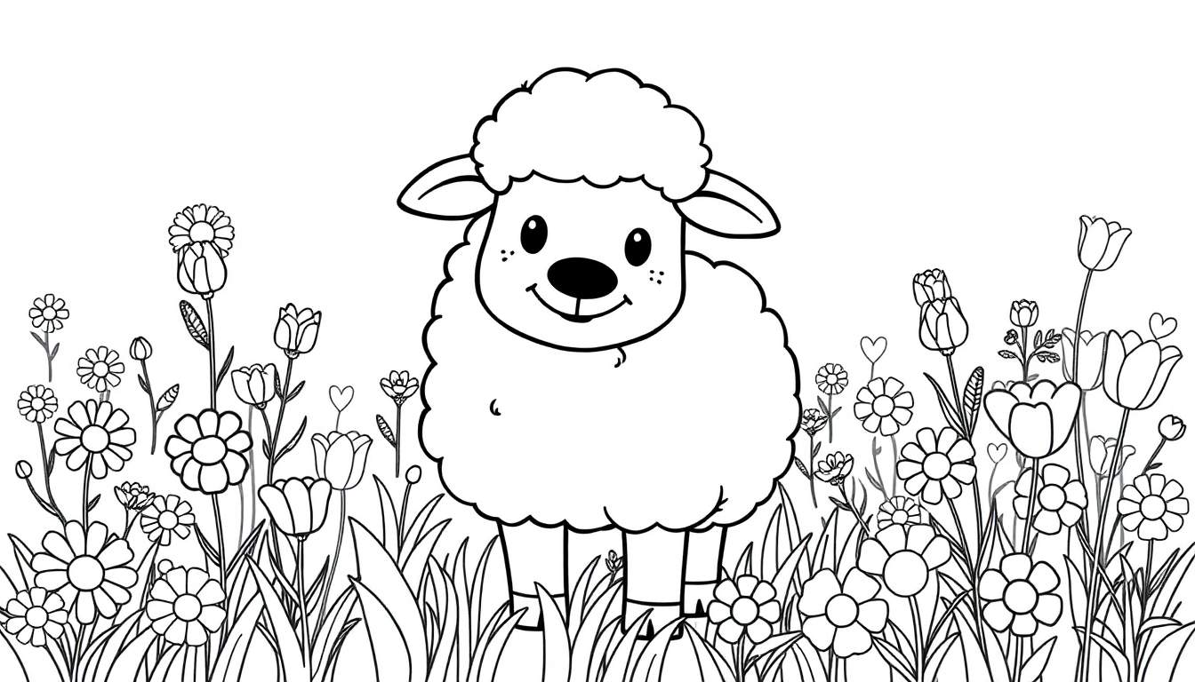 Dibujo lineal de una oveja sonriente en un prado de margaritas y tulipanes, con una placa de color para destacar las flores.