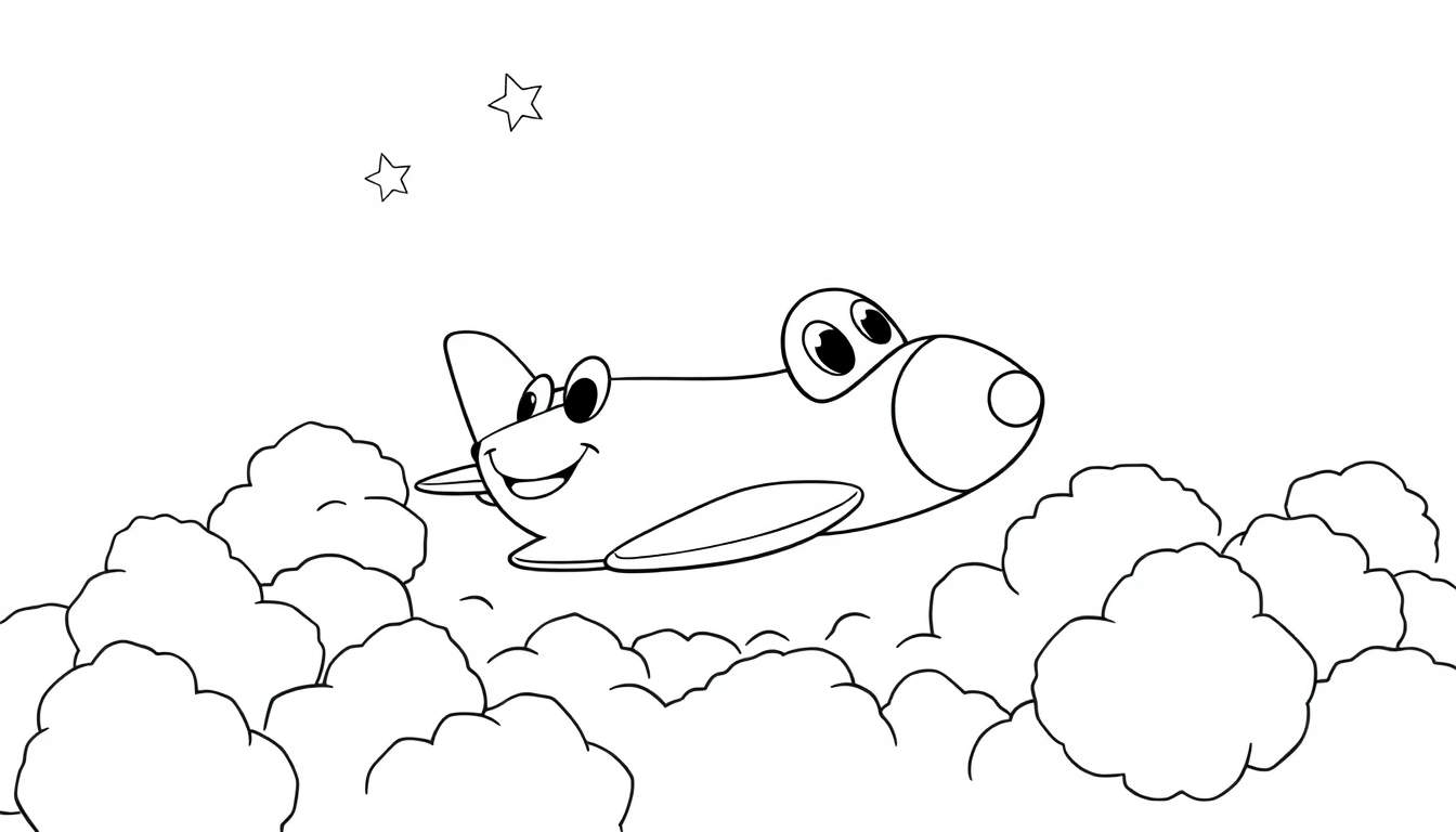 Un avión de juguete sonriente volando entre nubes, listo para ser coloreado en esta placa de color.