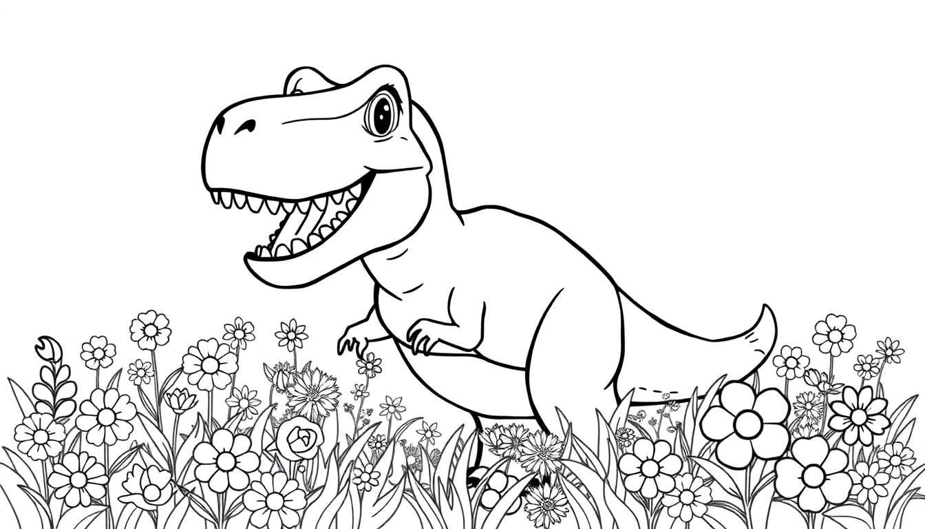 Un T-Rex amigable en una placa de color con flores.