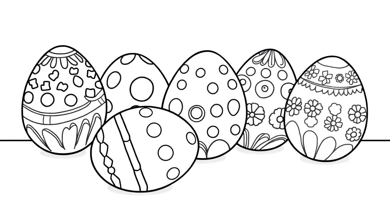 Una placa de color con siete huevos de Pascua en blanco y negro, listos para ser coloreados.